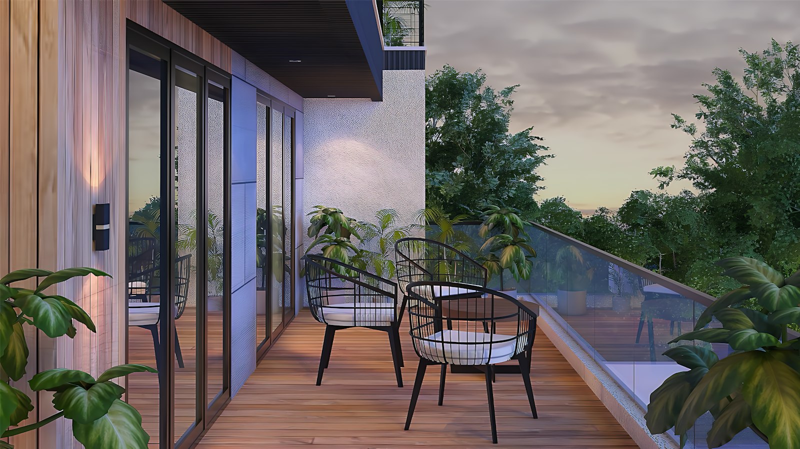 Wooden-deck balcony with outdoor chairs, wall cladding and planters