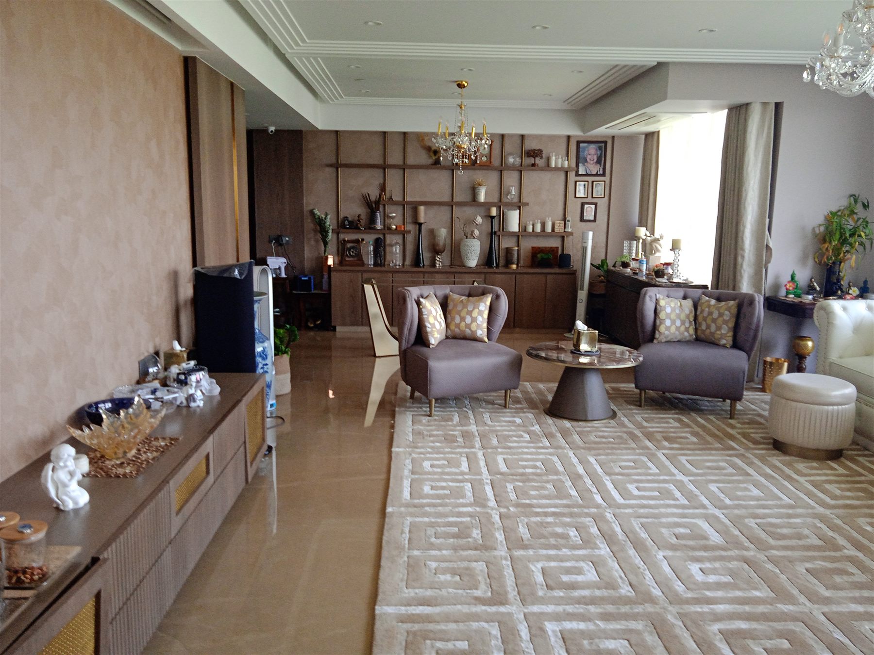 Luxury living room with veneer wall panelling, display shelving and a patterned rug