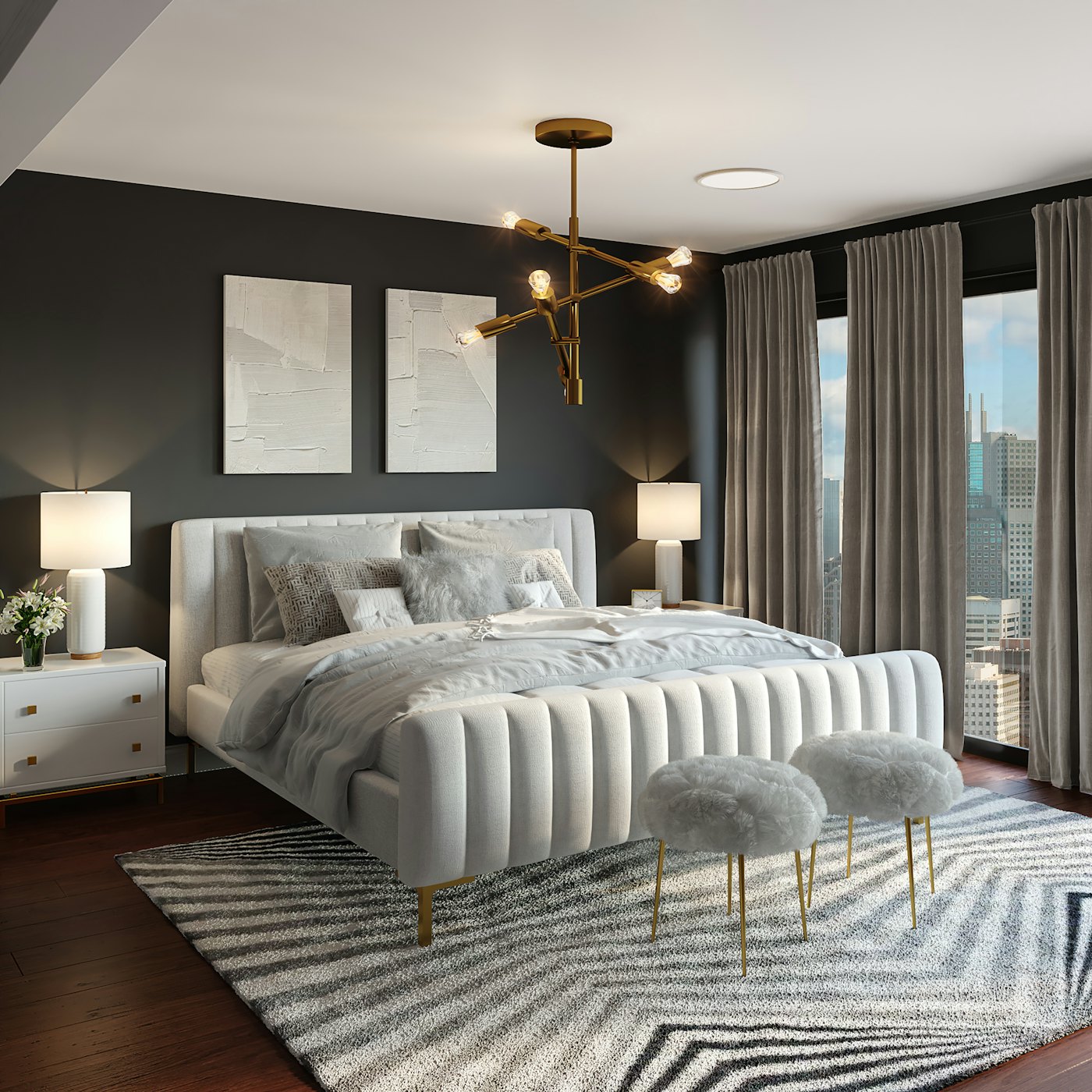 Luxury bedroom with a channel-tufted headboard, dark wall and gold chandelier