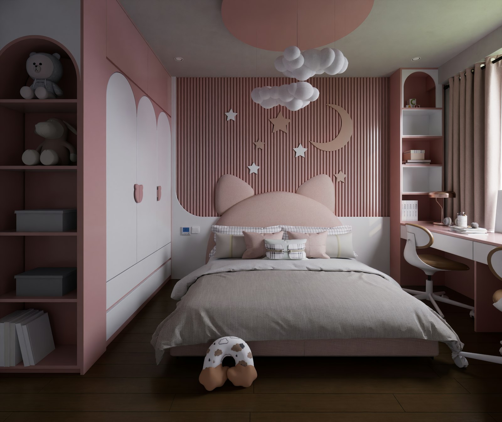 Pink kids bedroom with a cat-ear upholstered headboard, star wall panel, arched shelves and study desk