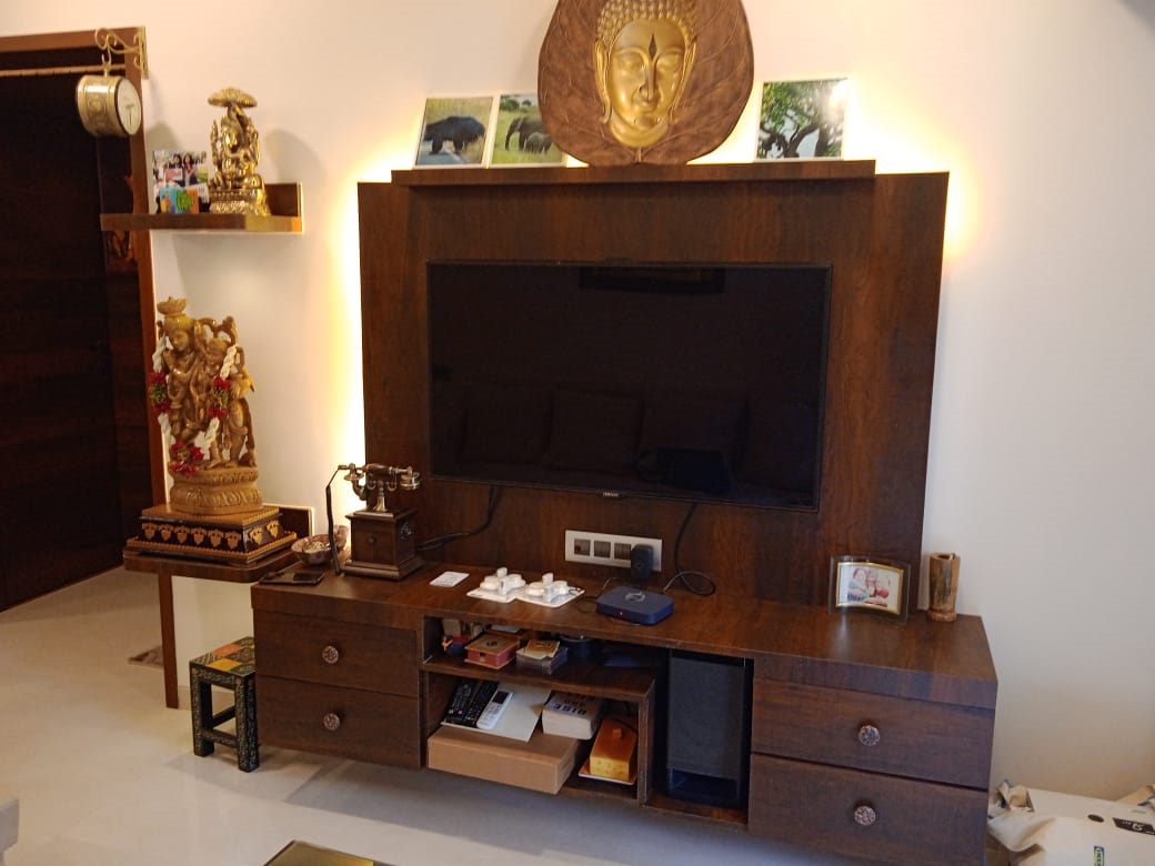 Walnut TV unit with drawers and wall-mounted panel